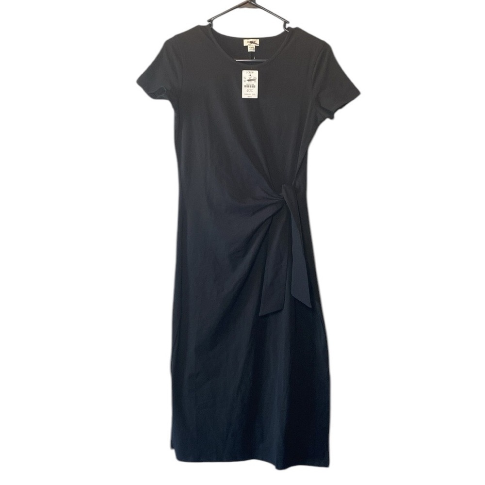 J Crew Knotted Midi Dress NWT Women's XXS Black Stretch Comfy Short Sleeve